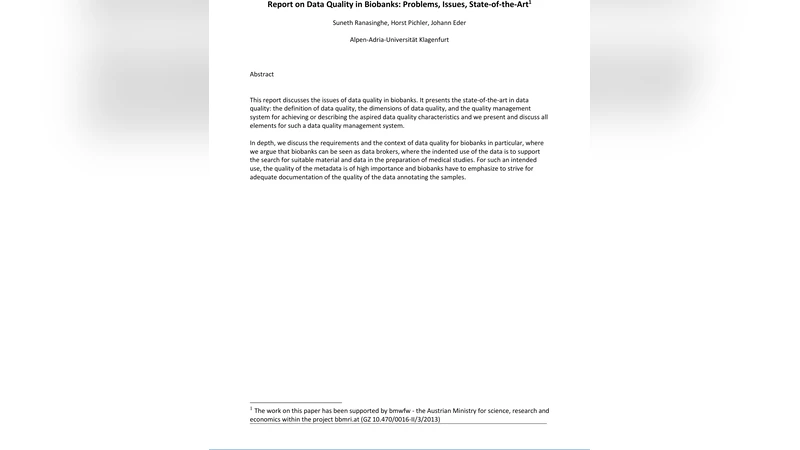 Report on Data Quality in Biobanks: Problems, Issues, State-of-the-Art