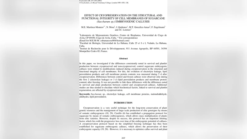 Effect of cryopreservation on the structural and functional integrity of   cell membranes of sugarcane (Saccharum sp.) embryogenic calluses