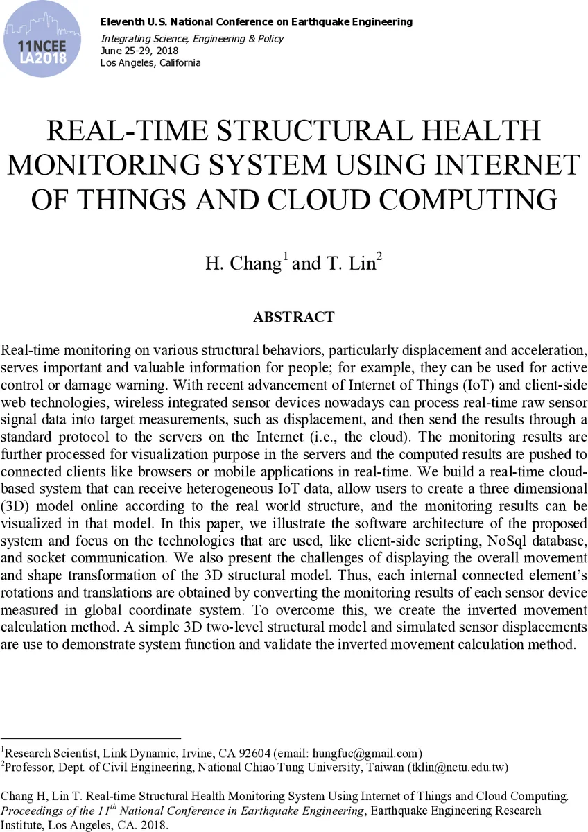 Real-time Structural Health Monitoring System Using Internet of Things   and Cloud Computing