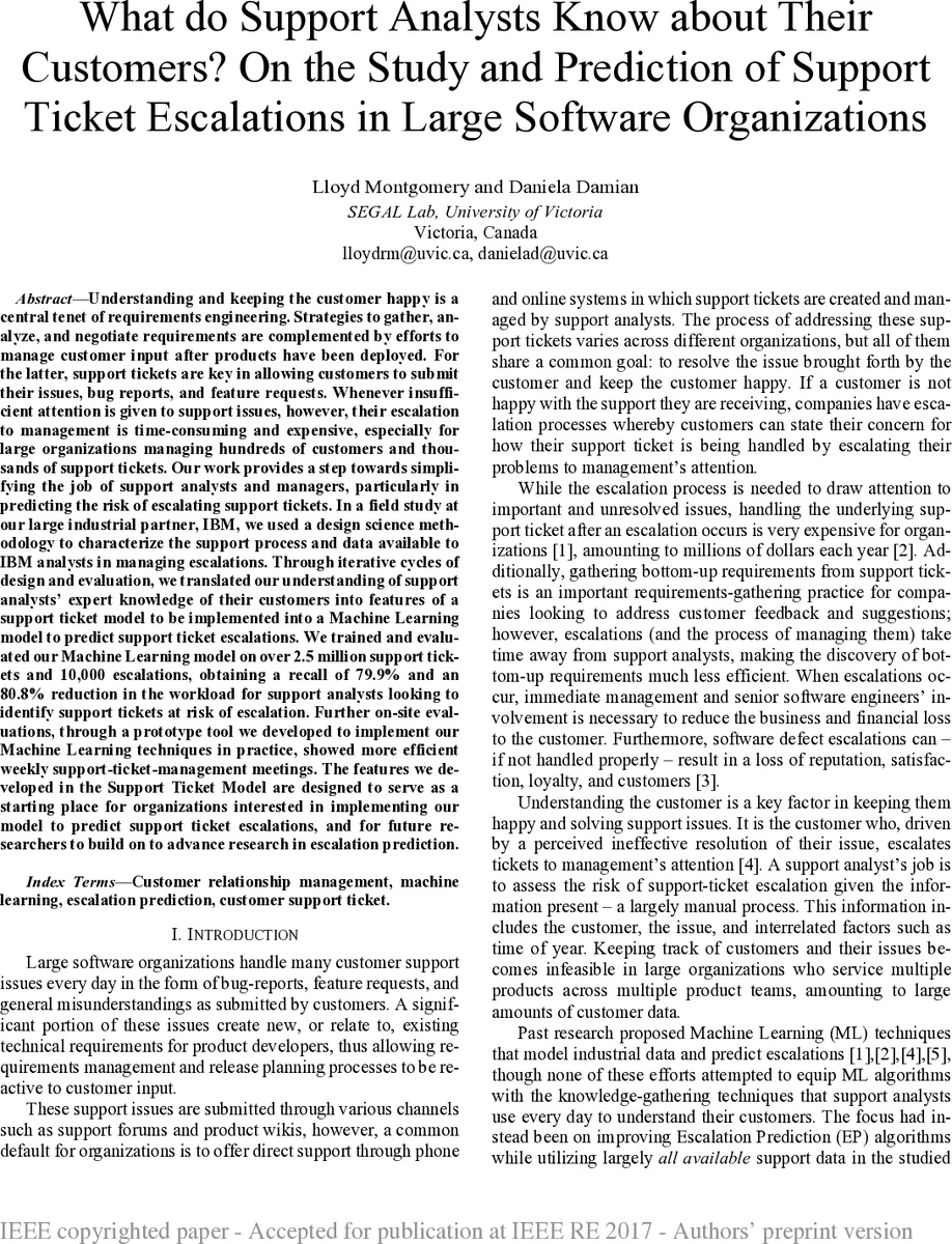 What do Support Analysts Know about Their Customers? On the Study and   Prediction of Support Ticket Escalations in Large Software Organizations