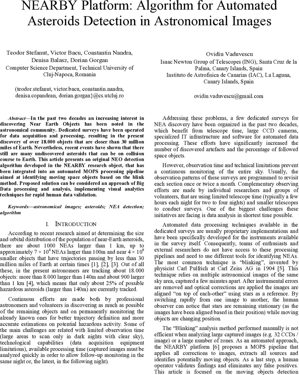 NEARBY Platform: Algorithm for Automated Asteroids Detection in   Astronomical Images