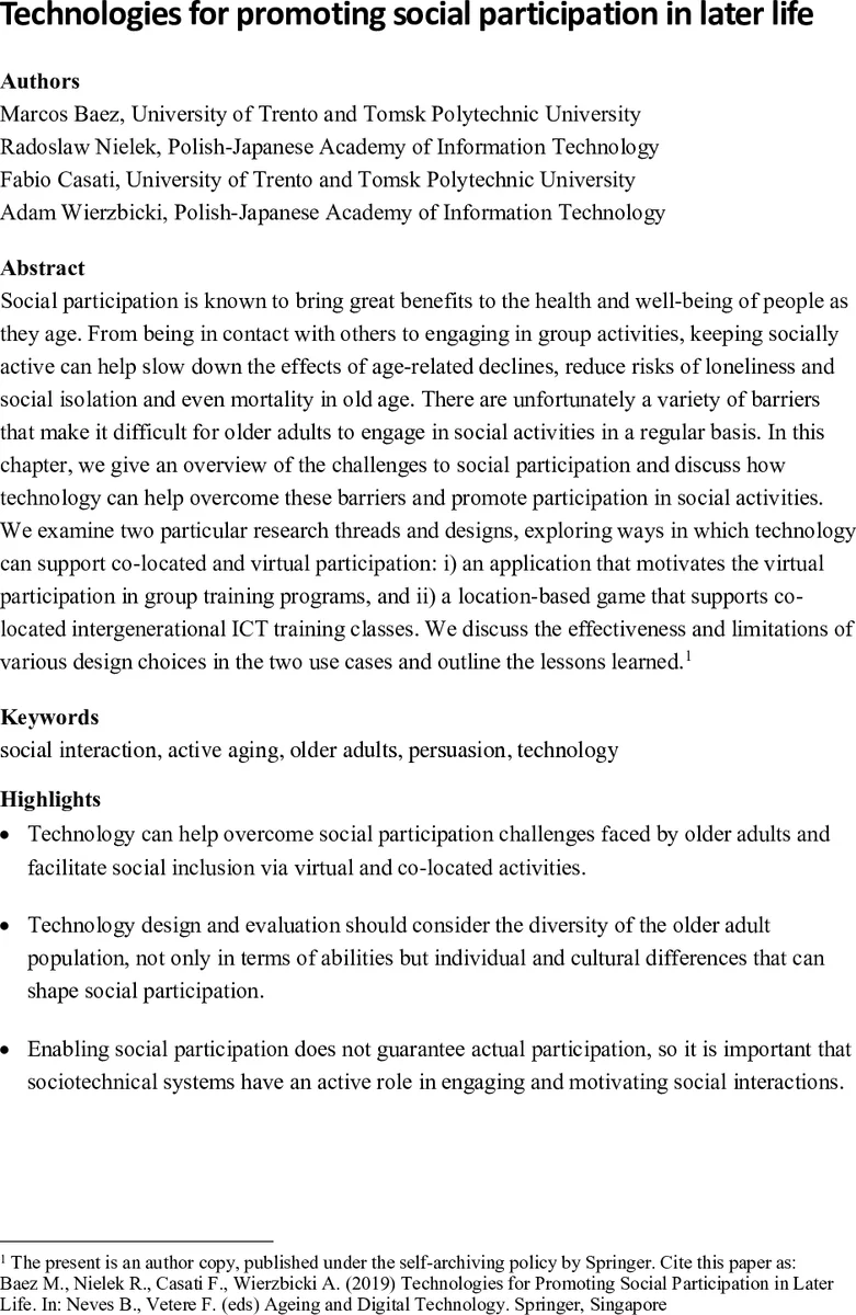 Technologies for promoting social participation in later life