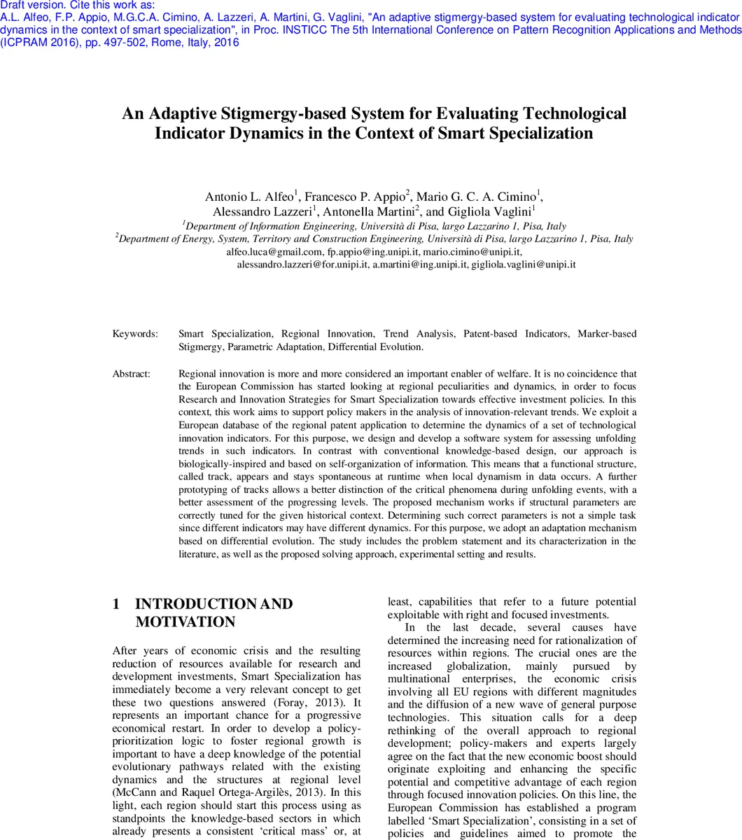 An adaptive stigmergy-based system for evaluating technological   indicator dynamics in the context of smart specialization