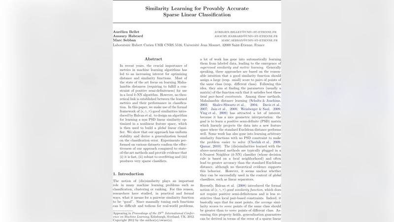 Similarity Learning for Provably Accurate Sparse Linear Classification