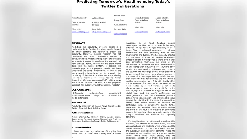 Predicting Tomorrows Headline using Todays Twitter Deliberations