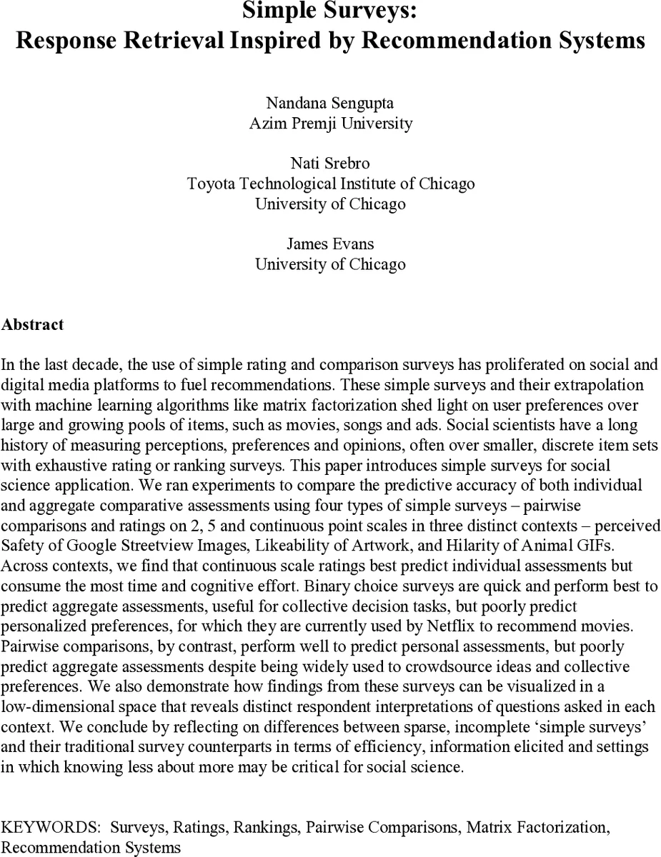 Simple Surveys: Response Retrieval Inspired by Recommendation Systems