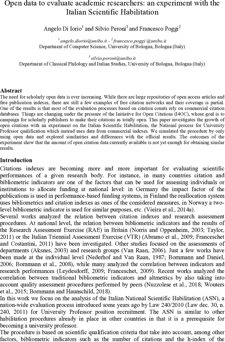 Open data to evaluate academic researchers: an experiment with the   Italian Scientific Habilitation