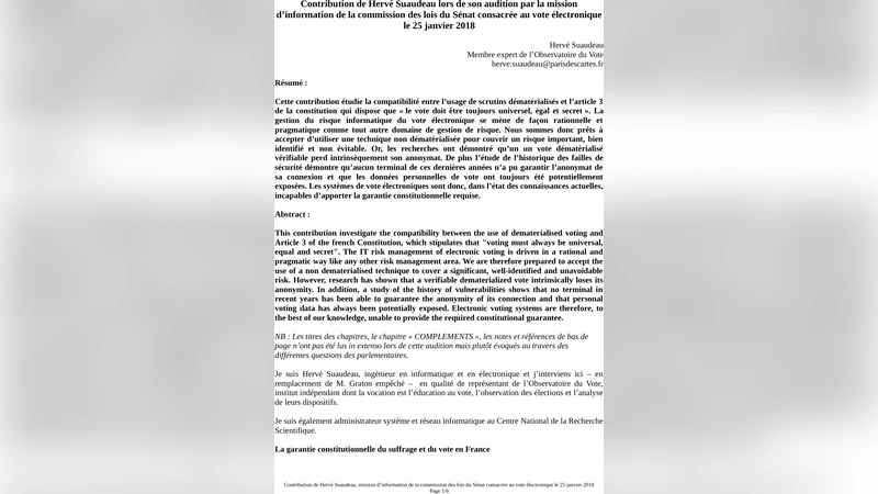Contribution of Herv{e} Suaudeau for the mission of the French Senate   Law Commission on electronic voting on 25 January 2018