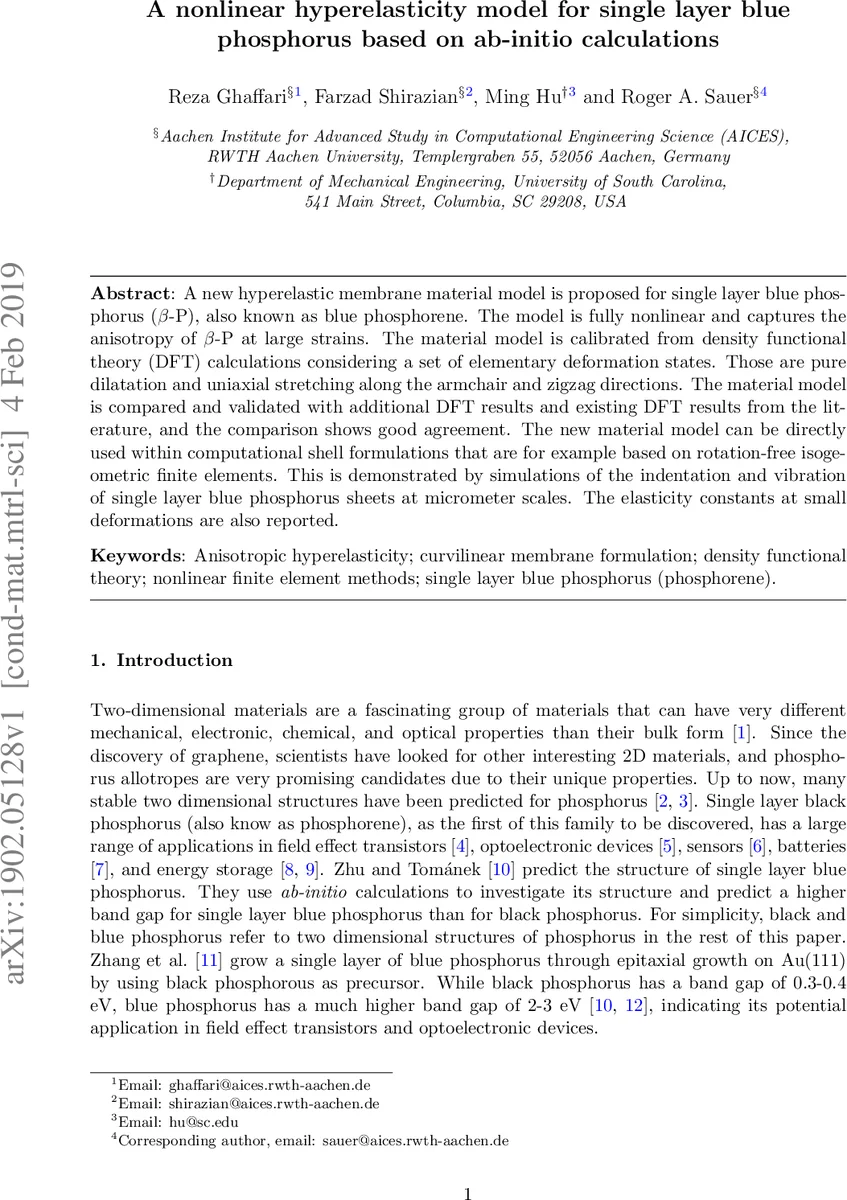 A nonlinear hyperelasticity model for single layer blue phosphorus based   on ab-initio calculations