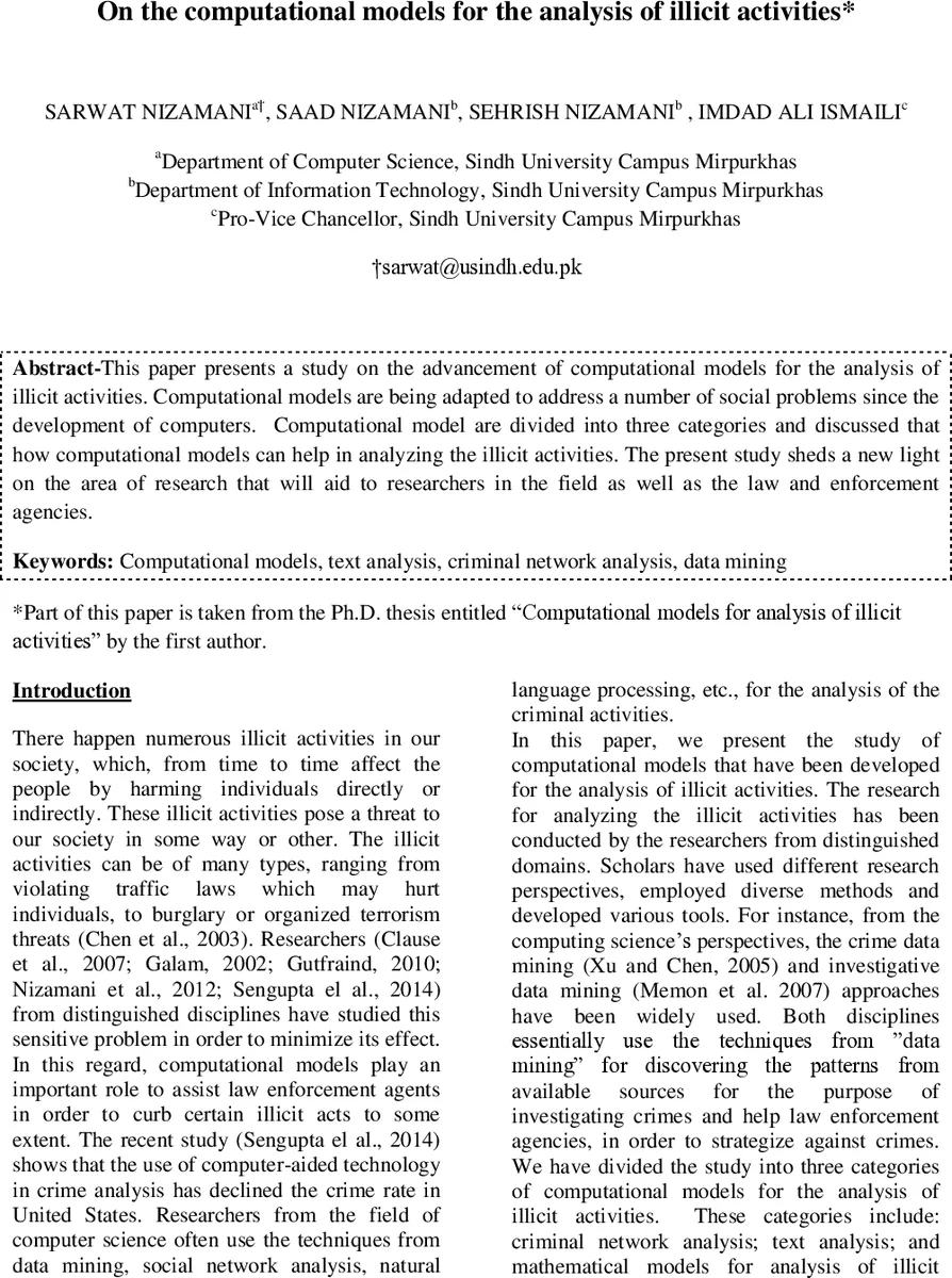 On the computational models for the analysis of illicit activities