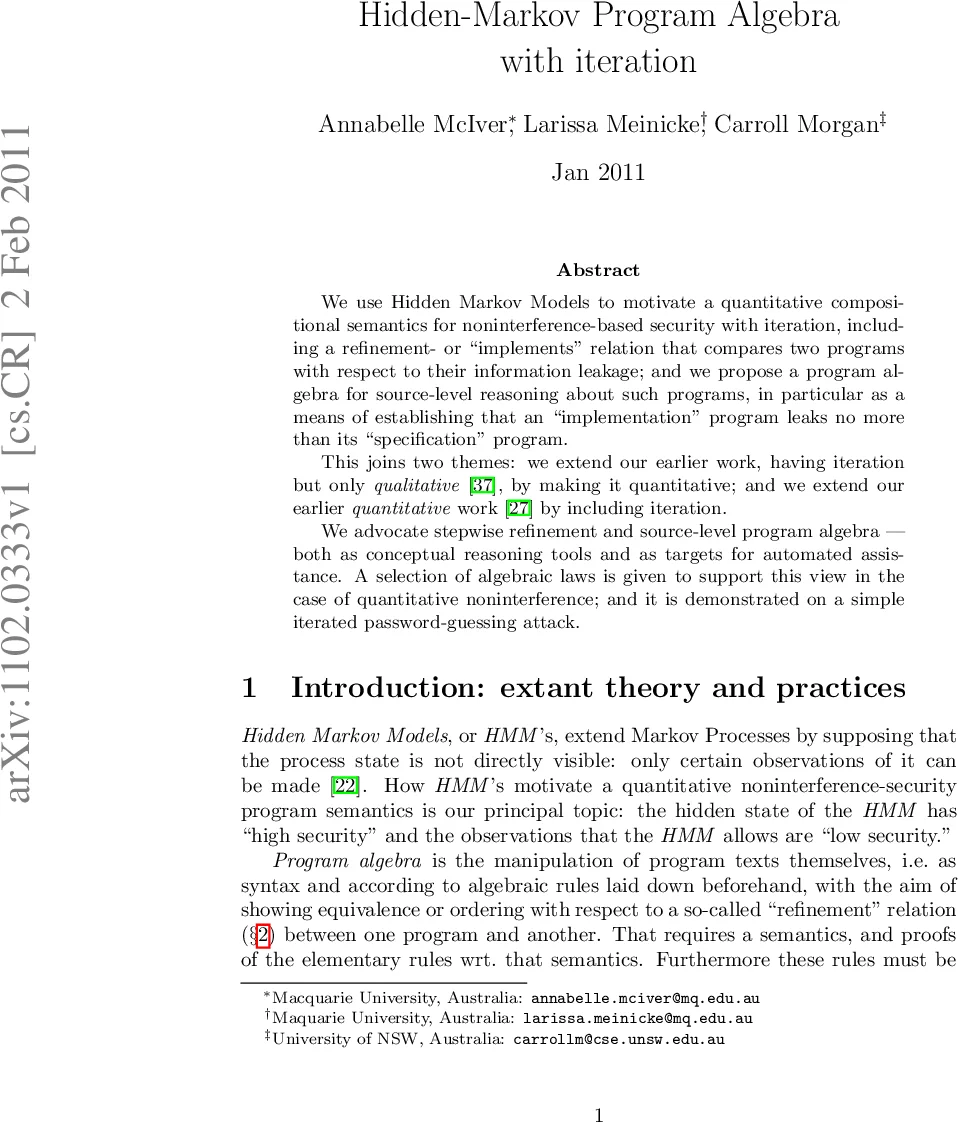 Hidden-Markov Program Algebra with iteration