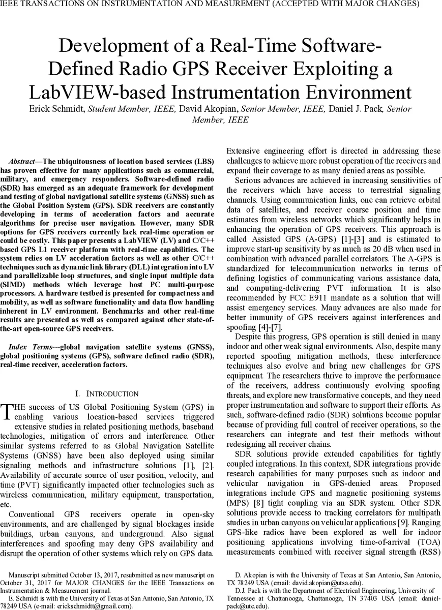 Development of a Real-Time Software-Defined Radio GPS Receiver   Exploiting a LabVIEW-based Instrumentation Environment