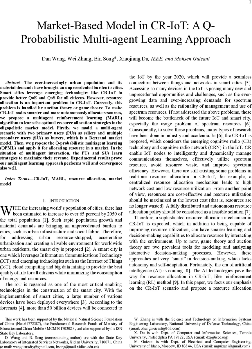 Market-Based Model in CR-WSN: A Q-Probabilistic Multi-agent Learning   Approach