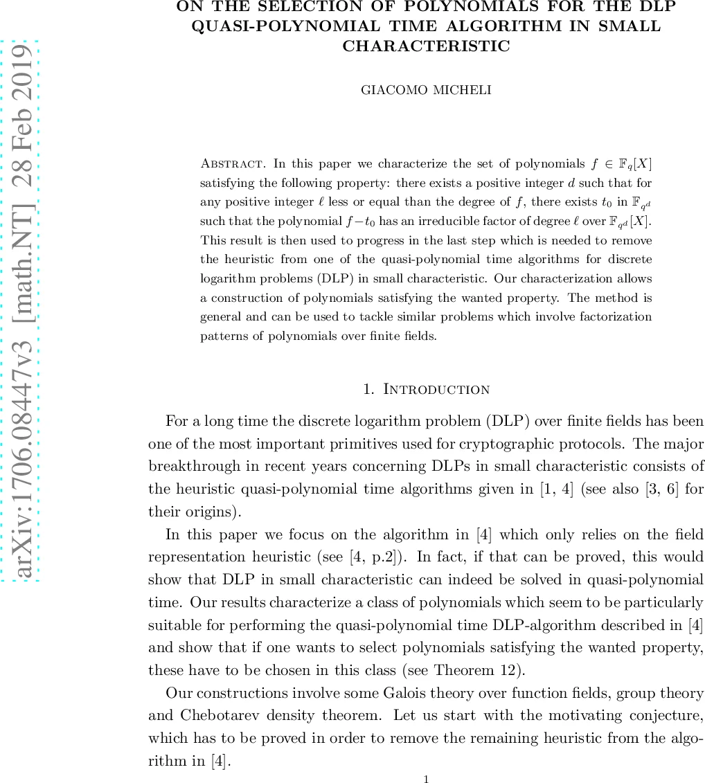 On the selection of polynomials for the DLP quasi-polynomial time   algorithm in small characteristic