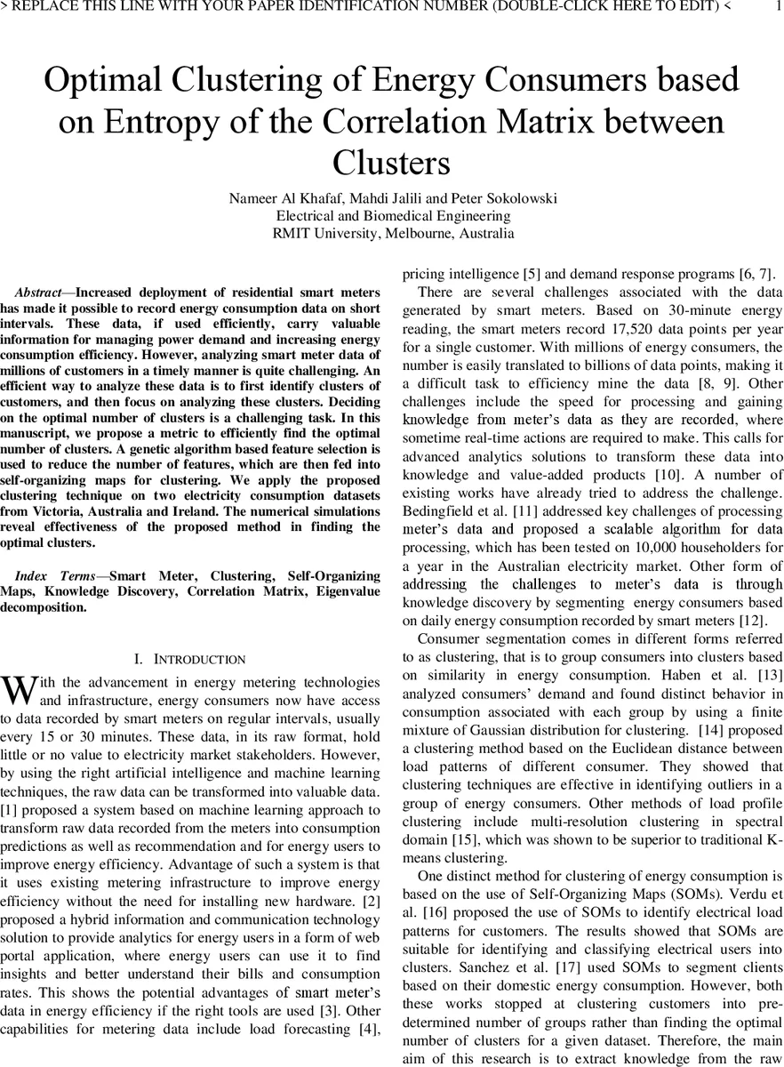 Optimal Clustering of Energy Consumers based on Entropy of the   Correlation Matrix between Clusters