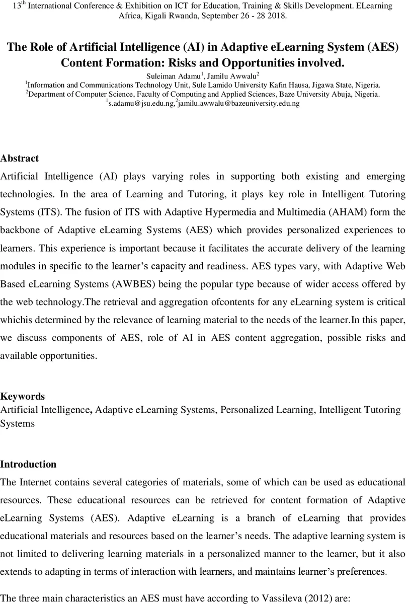The Role of Artificial Intelligence (AI) in Adaptive eLearning System   (AES) Content Formation: Risks and Opportunities involved
