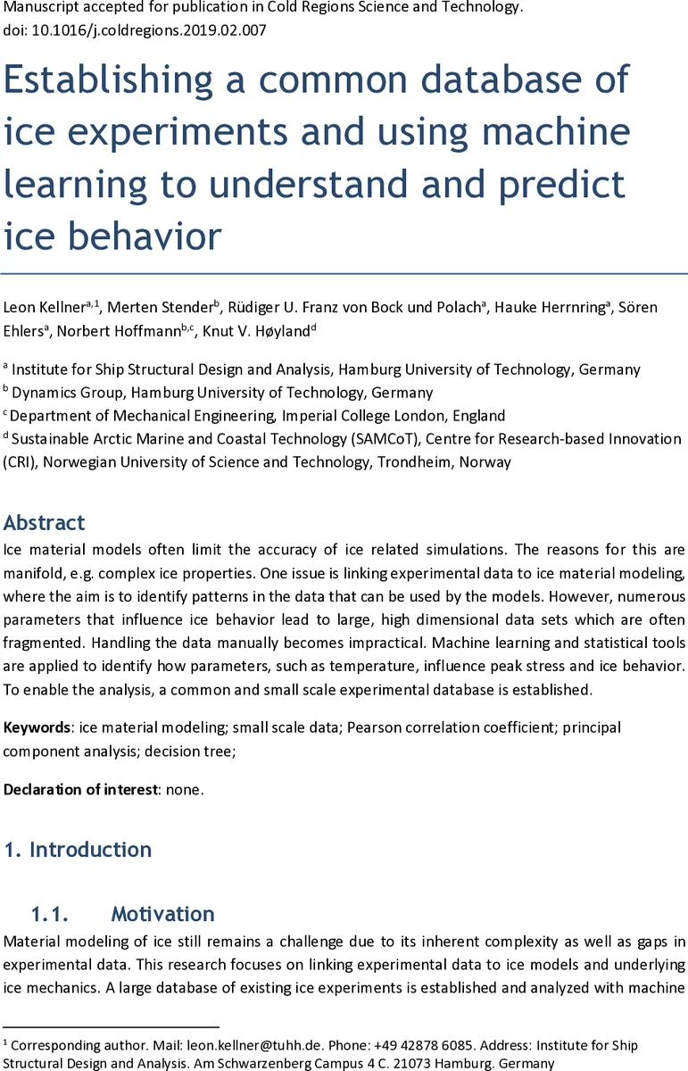 Establishing a common data base of ice experiments and using machine   learning to understand and predict ice behavior