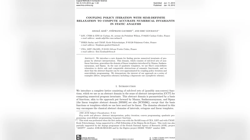 Coupling policy iteration with semi-definite relaxation to compute   accurate numerical invariants in static analysis