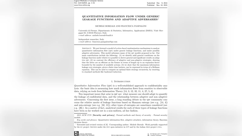 Quantitative information flow under generic leakage functions and   adaptive adversaries