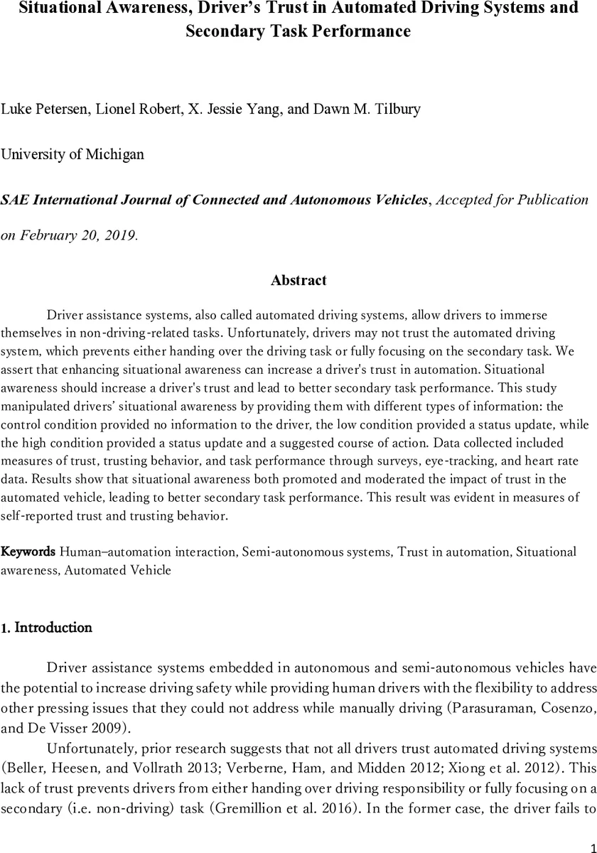 Situational Awareness, Drivers Trust in Automated Driving Systems and   Secondary Task Performance