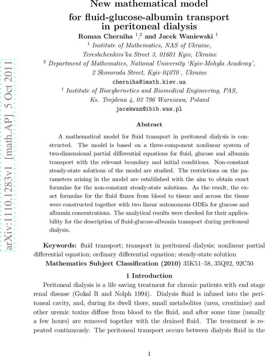 New mathematical model for fluid-glucose-albumin transport in peritoneal   dialysis