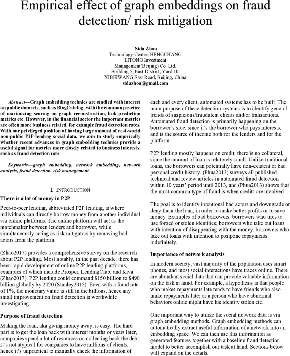 Empirical effect of graph embeddings on fraud detection/ risk mitigation