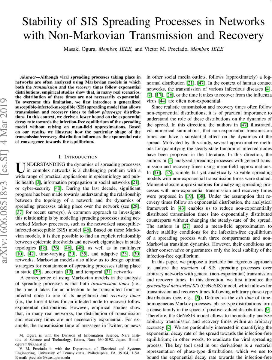 Stability of SIS Spreading Processes in Networks with Non-Markovian   Transmission and Recovery