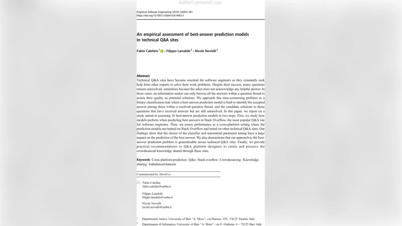An empirical assessment of best-answer prediction models in technical   Q&A sites