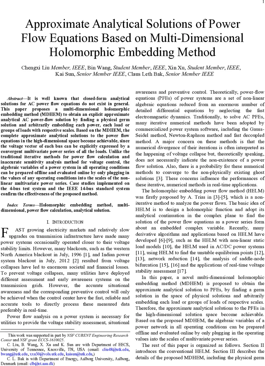 Approximate Analytical Solutions of Power Flow Equations Based on   Multi-Dimensional Holomorphic Embedding Method