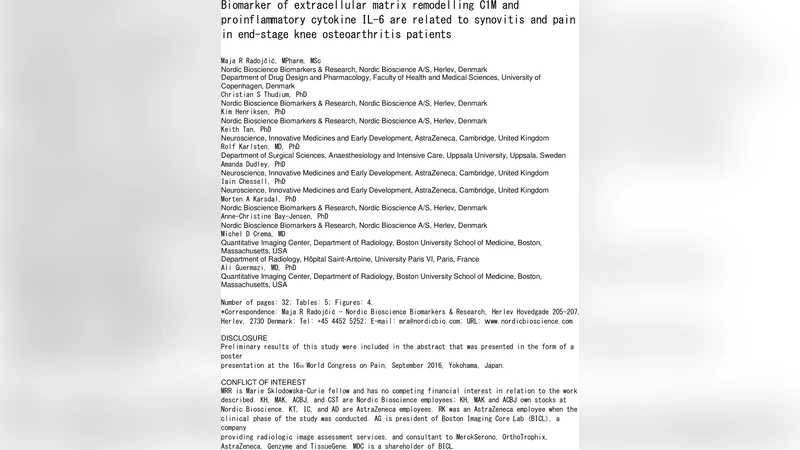 Biomarker of extracellular matrix remodelling C1M and proinflammatory   cytokine IL-6 are related to synovitis and pain in end-stage knee   osteoarthritis patients