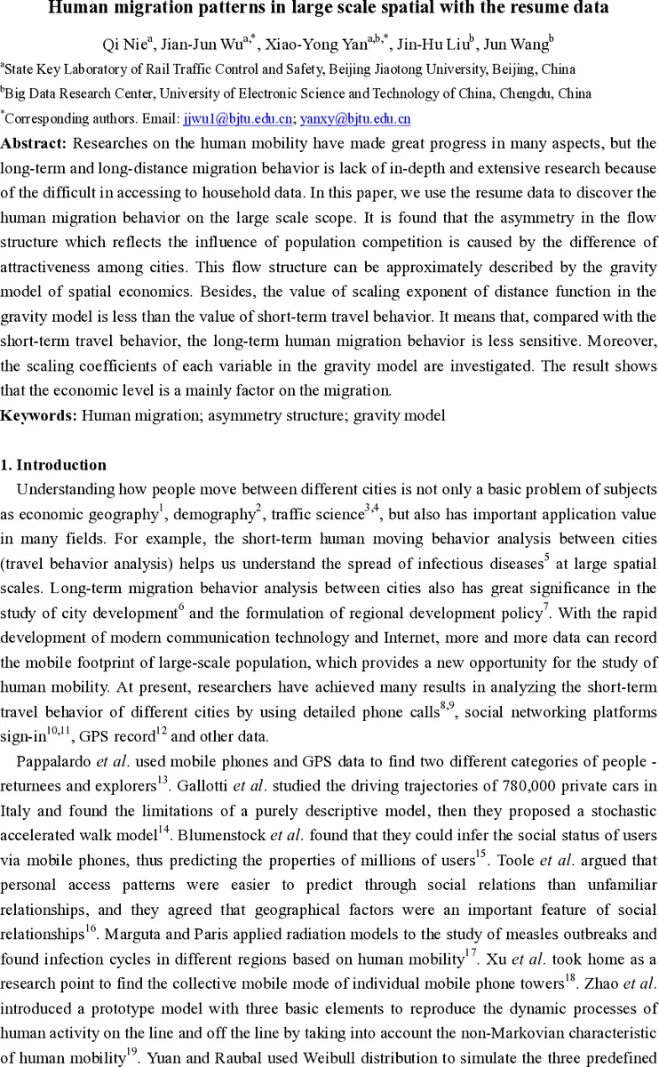 Human migration patterns in large scale spatial with the resume data