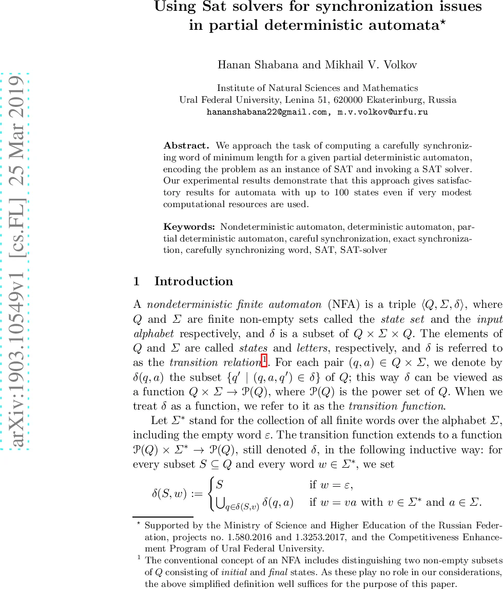 Using Sat solvers for synchronization issues in partial deterministic   automata