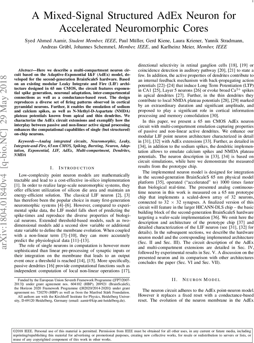 A Mixed-Signal Structured AdEx Neuron for Accelerated Neuromorphic Cores