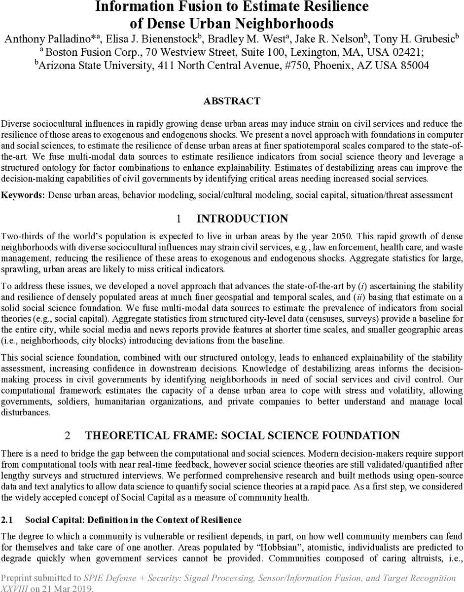 Information Fusion to Estimate Resilience of Dense Urban Neighborhoods