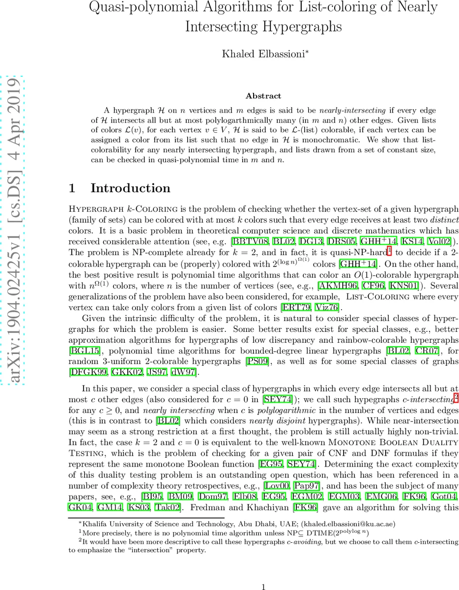 Quasi-polynomial Algorithms for List-coloring of Nearly Intersecting   Hypergraphs