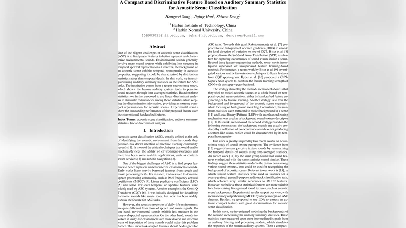 A Compact and Discriminative Feature Based on Auditory Summary   Statistics for Acoustic Scene Classification