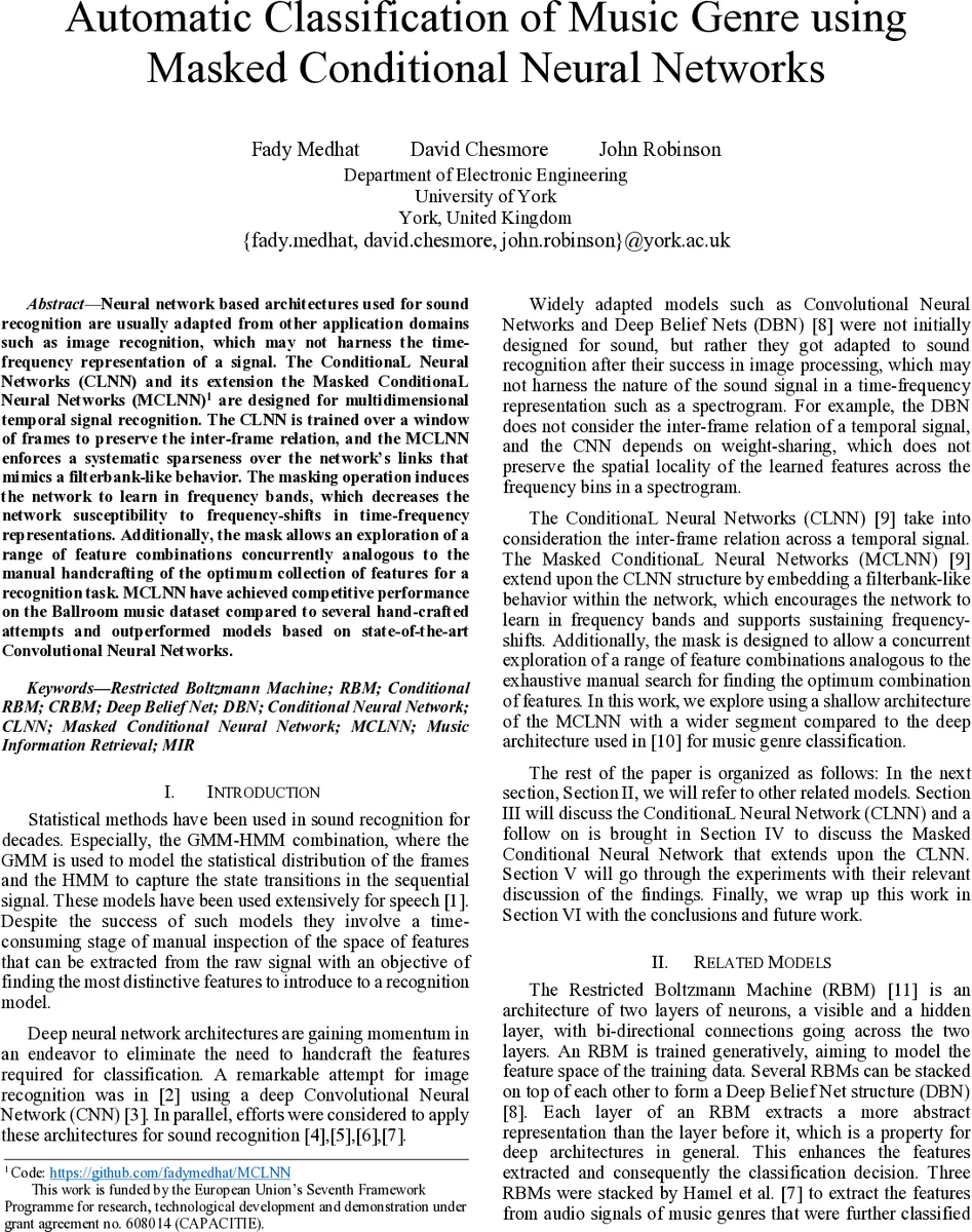 Automatic Classification of Music Genre using Masked Conditional Neural   Networks
