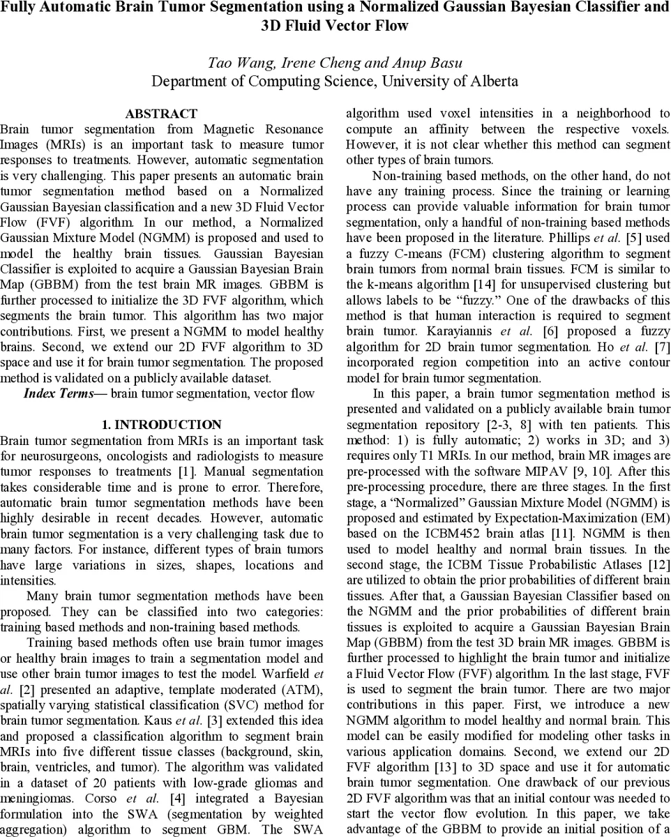 Fully Automatic Brain Tumor Segmentation using a Normalized Gaussian   Bayesian Classifier and 3D Fluid Vector Flow