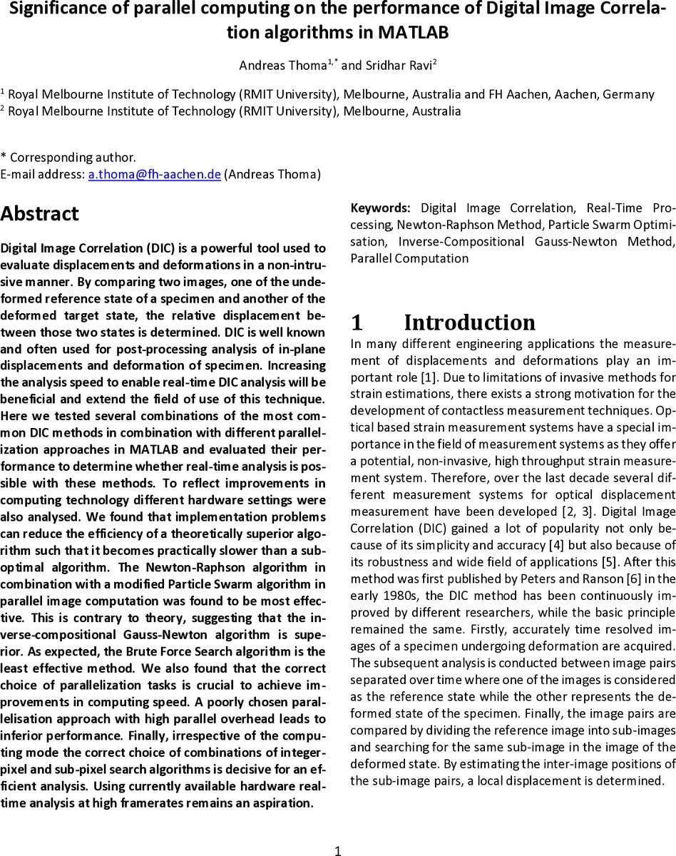 Significance of parallel computing on the performance of Digital Image   Correlation algorithms in MATLAB