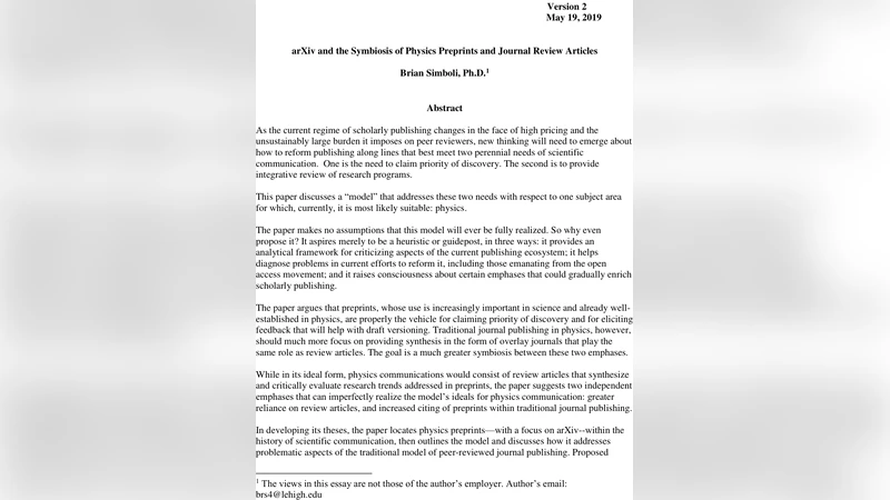 arXiv and the Symbiosis of Physics Preprints and Journal Review Articles