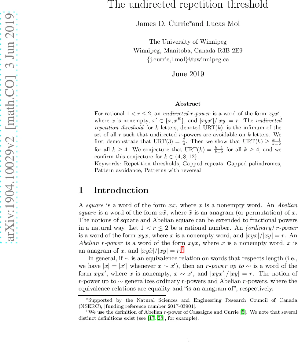 The undirected repetition threshold