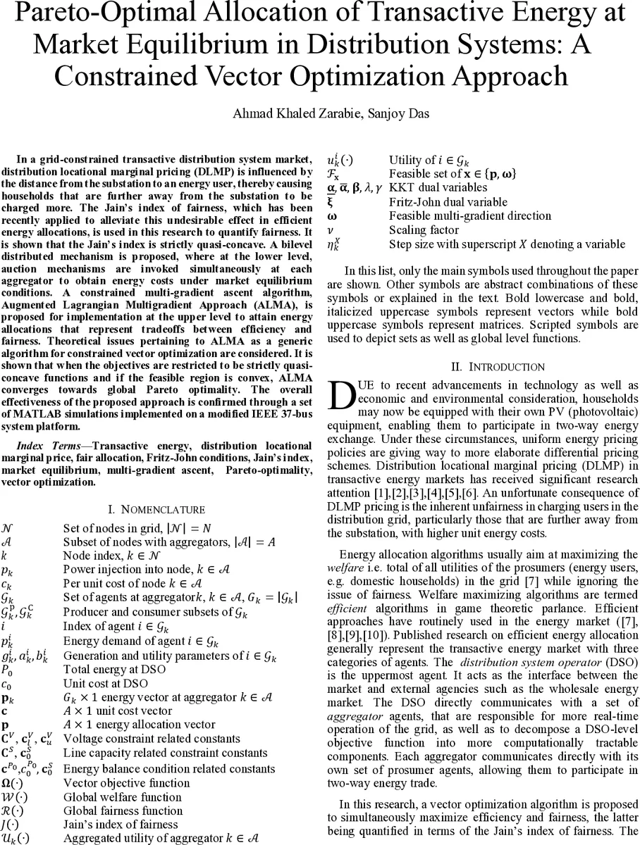 Pareto-Optimal Allocation of Transactive Energy at Market Equilibrium in   Distribution Systems: A Constrained Vector Optimization Approach