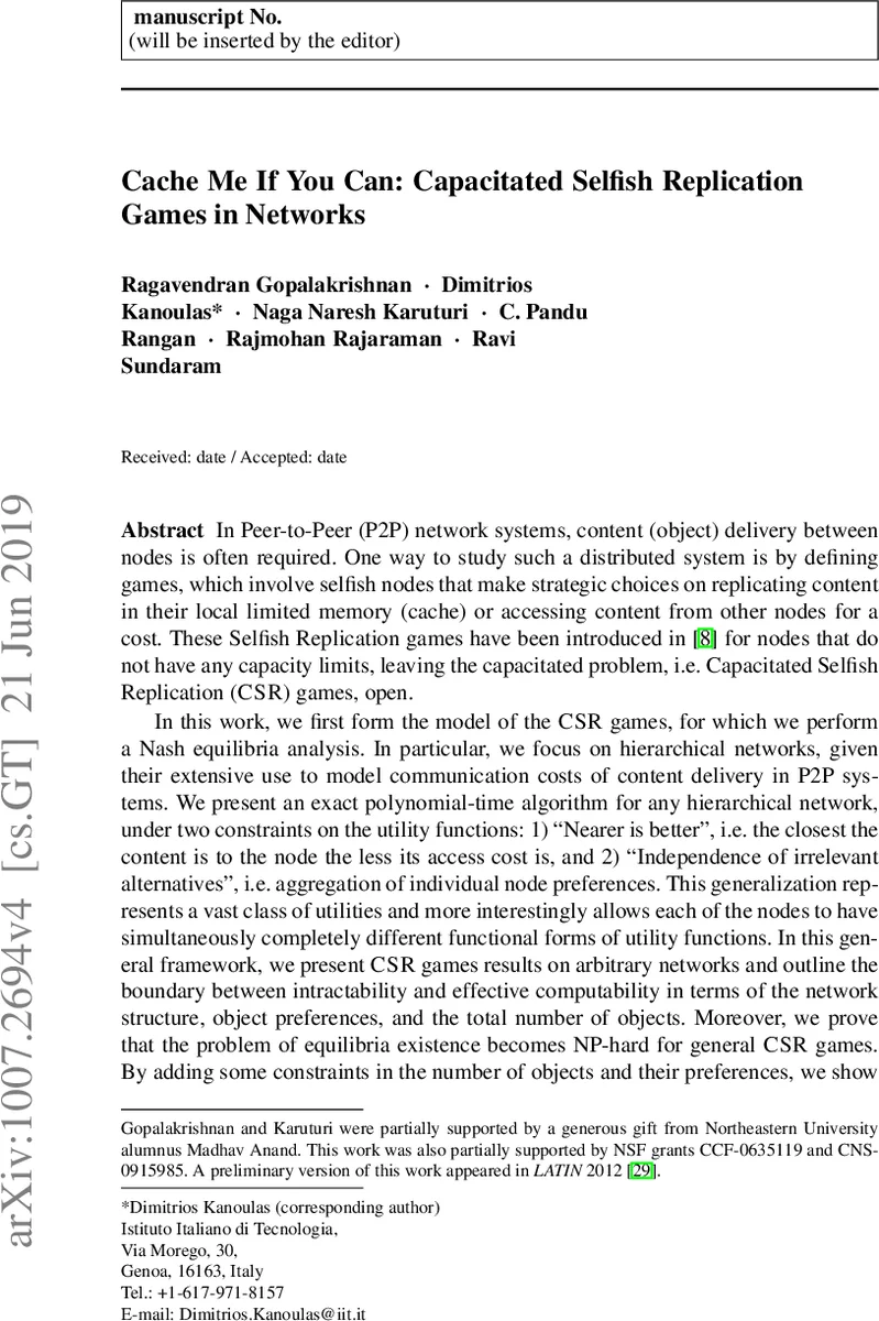 Cache Me If You Can: Capacitated Selfish Replication Games in Networks