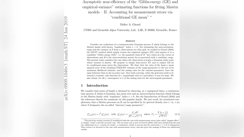 Asymptotic near-efficiency of the Gibbs-energy (GE) and   empirical-variance estimating functions for fitting Mat{e}rn models --   II: Accounting for measurement errors via conditional GE mean