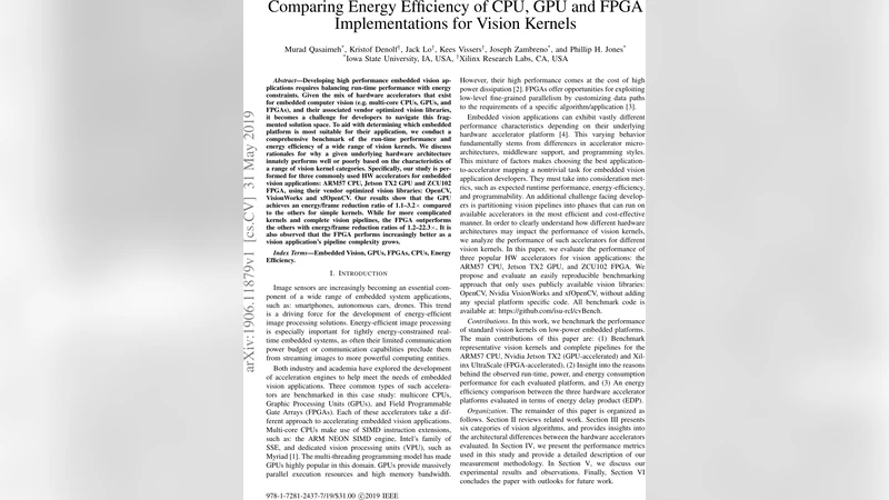 Comparing Energy Efficiency of CPU, GPU and FPGA Implementations for   Vision Kernels