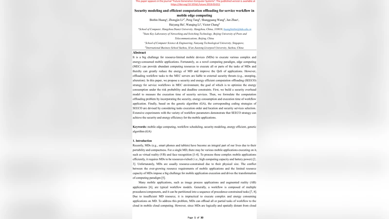 Security modeling and efficient computation offloading for service   workflow in mobile edge computing