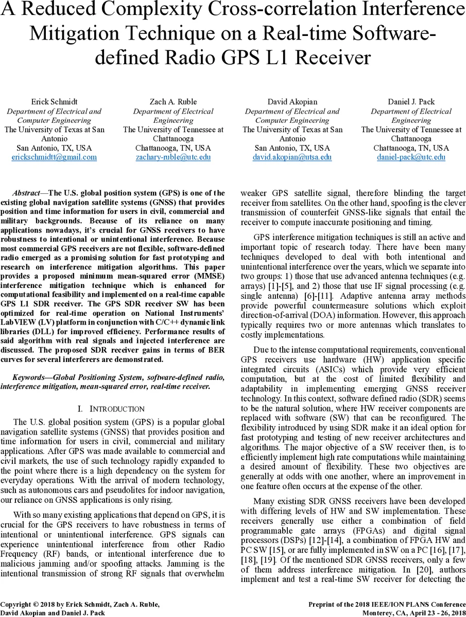 A Reduced Complexity Cross-correlation Interference Mitigation Technique   on a Real-time Software-defined Radio GPS L1 Receiver