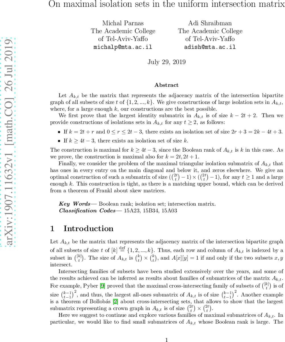 On maximal isolation sets in the uniform intersection matrix