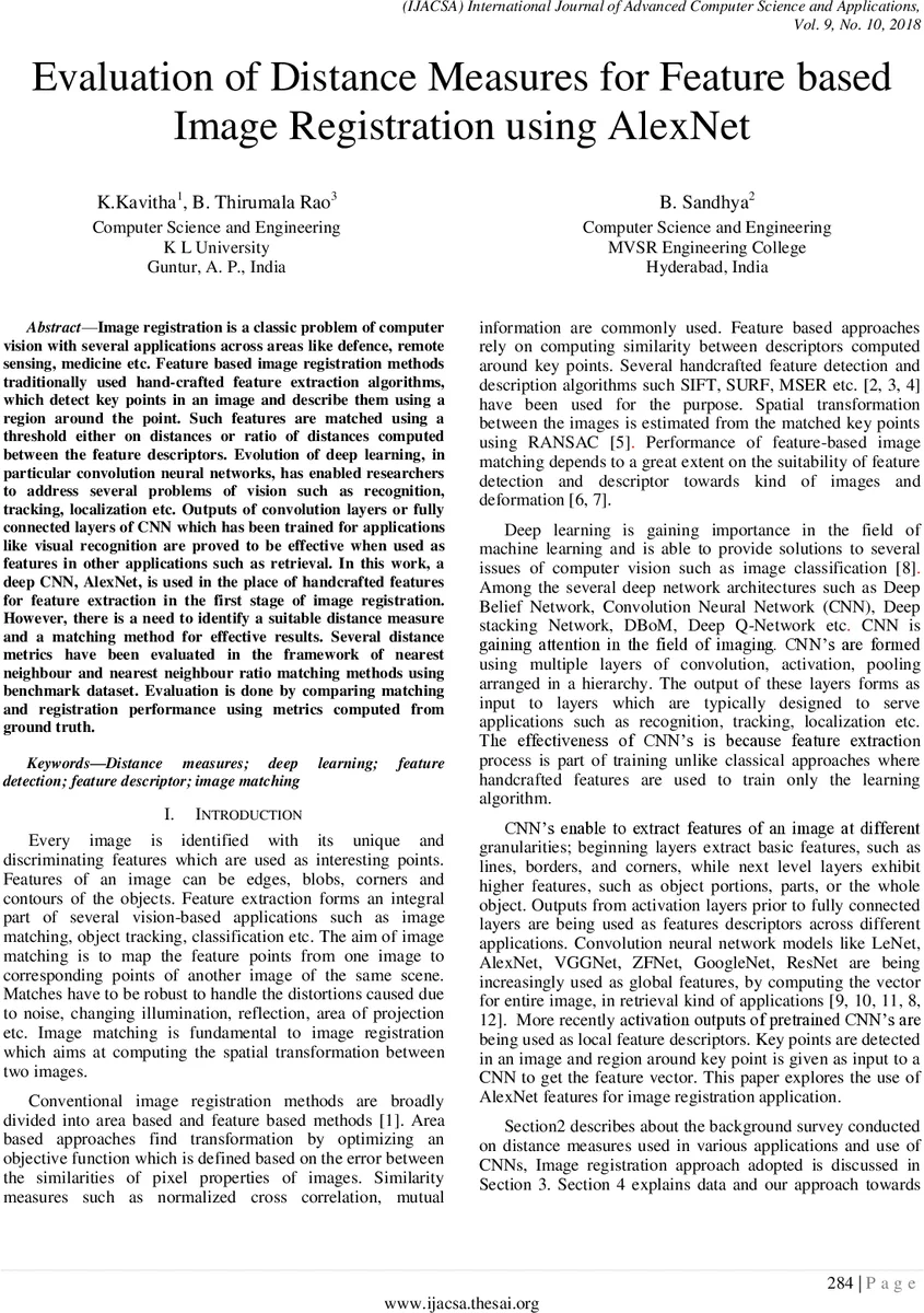 Evaluation of Distance Measures for Feature based Image Registration   using AlexNet