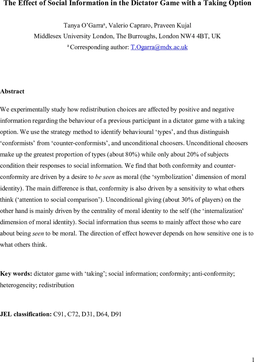 The Effect of Social Information in the Dictator Game with a Taking   Option